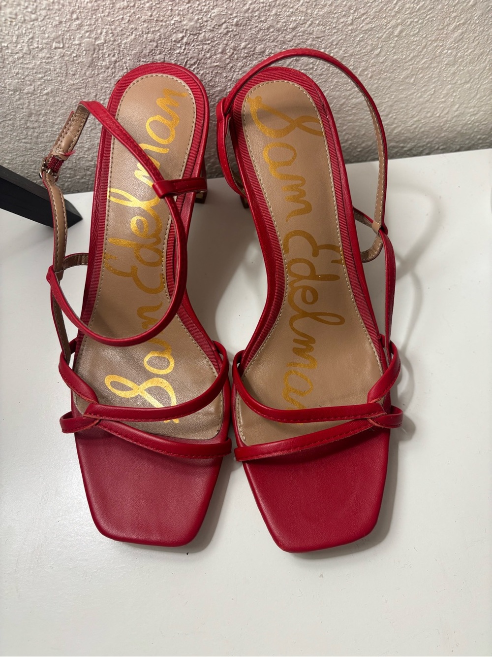 Sam Edelman Red Multi-Strap Square-Toe Heels